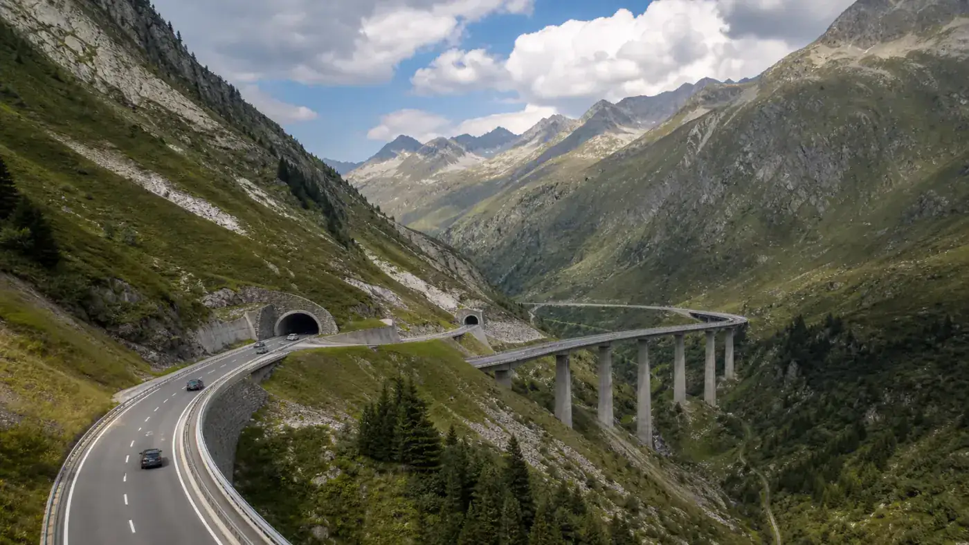 Alpine motorway climbing toward a tunnel portal where Austria charges a section toll on top of the vignette