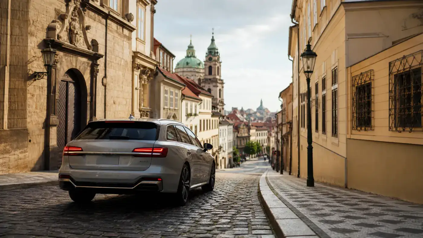 Car reaching the edge of a city at dusk after a long motorway drive, like arriving in Budapest from the M1