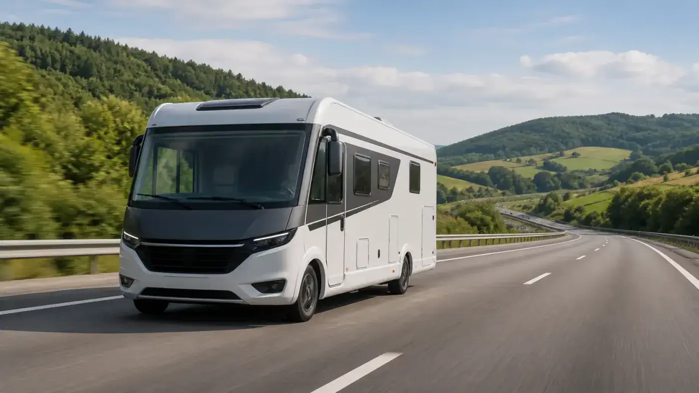 White motorhome parked at a mountain viewpoint with an open side door and a packed roof rack