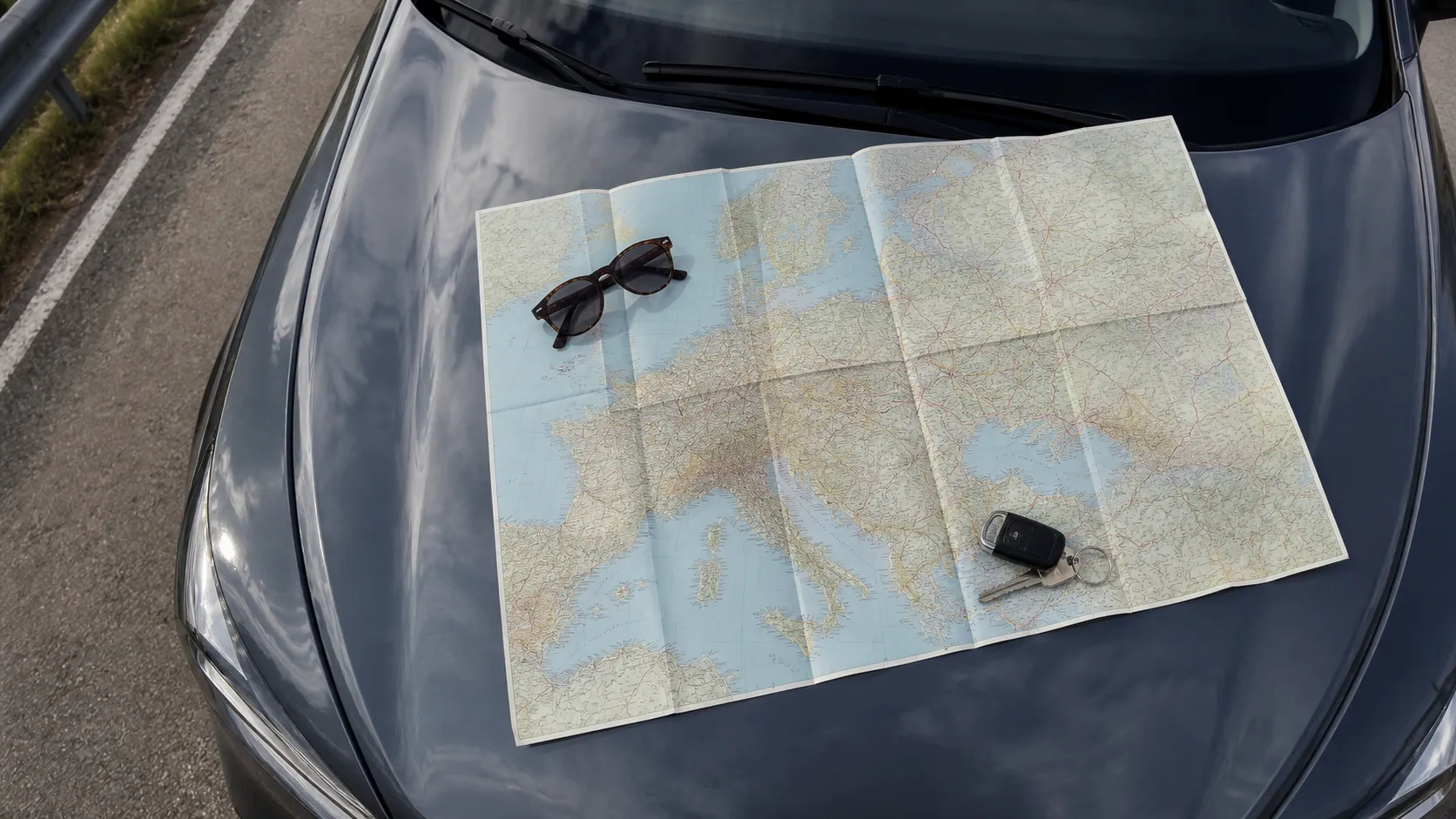 Road trip planning across Europe with a map showing motorway routes through vignette countries
