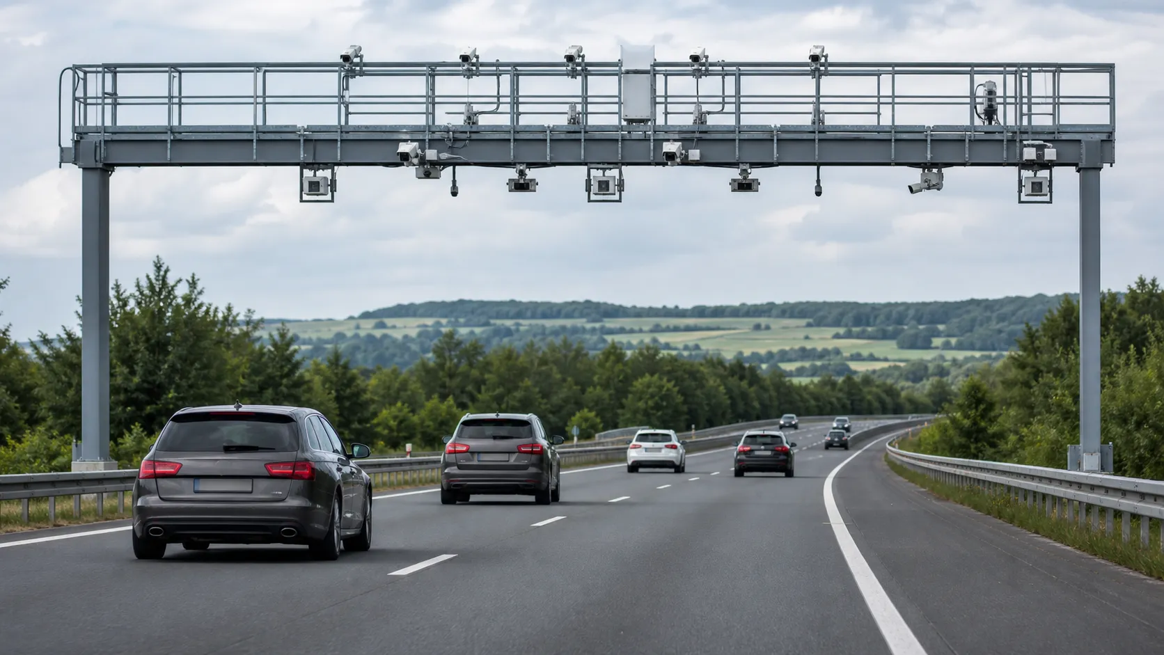 Overhead toll gantry with cameras reading licence plates on a European motorway